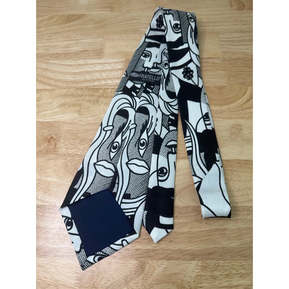 Fratello Men's Hand Made Neck Tie Picasso Inspired Black & White - Picture 4 of 13